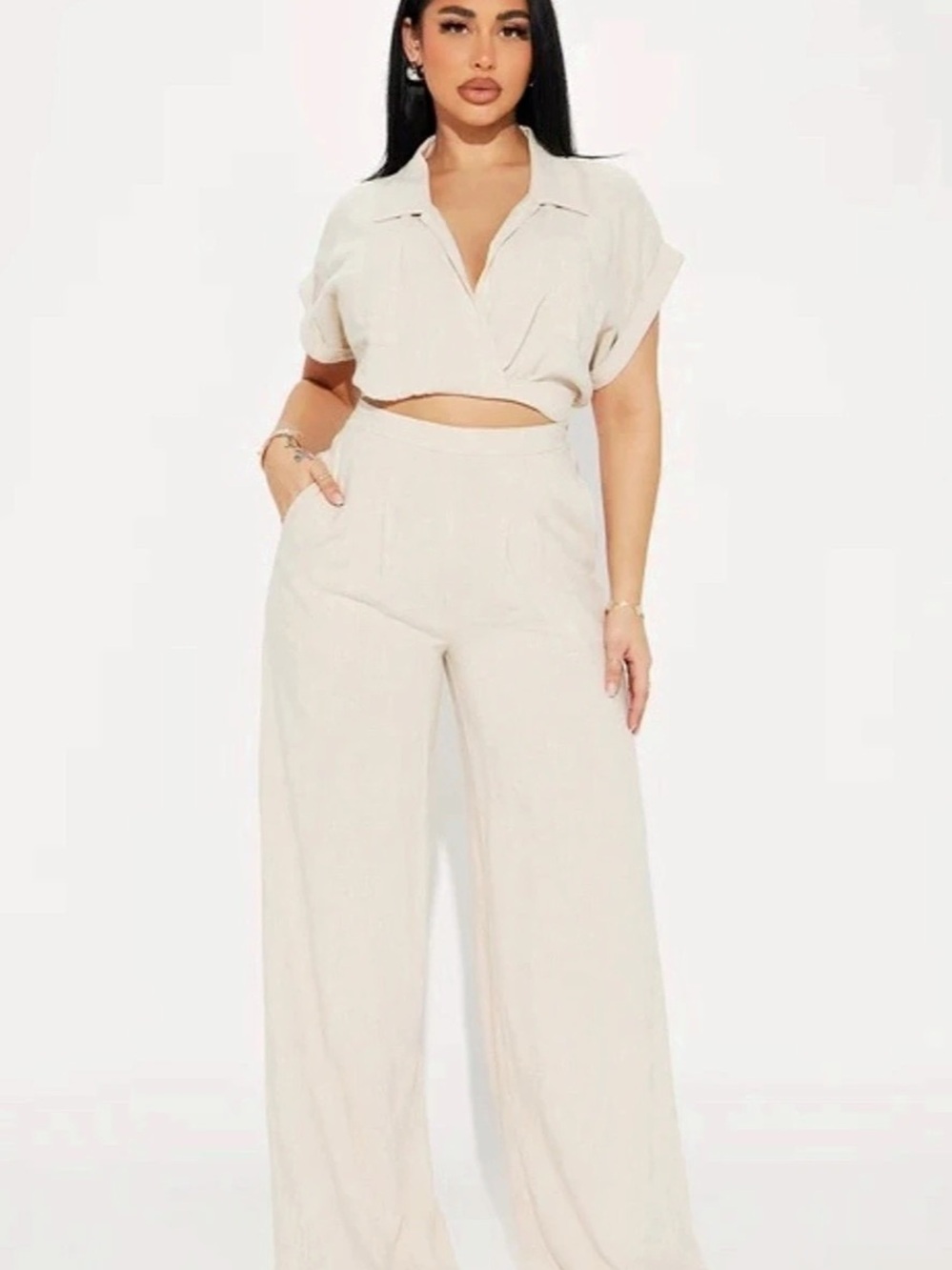Fashion Nova Linen Pant Set Cream